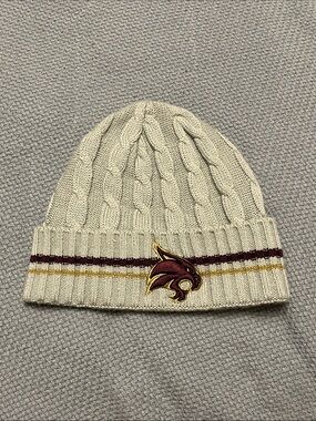 Cream Cable Knit Pom Cuff Beanie with Maroon & Gold Stripe